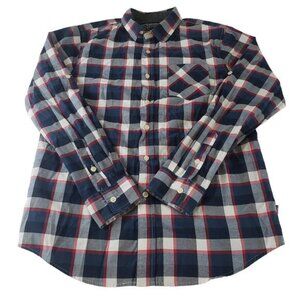 Recycled Blues Shirt Men Small Button Up Collared Plaid Blue Red Long Sleeve Top